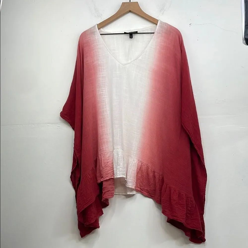 Lane Bryant Womens Blouse Red Dip Dye Ombre Poncho Ruffle Hem V-Neck Size 18/20